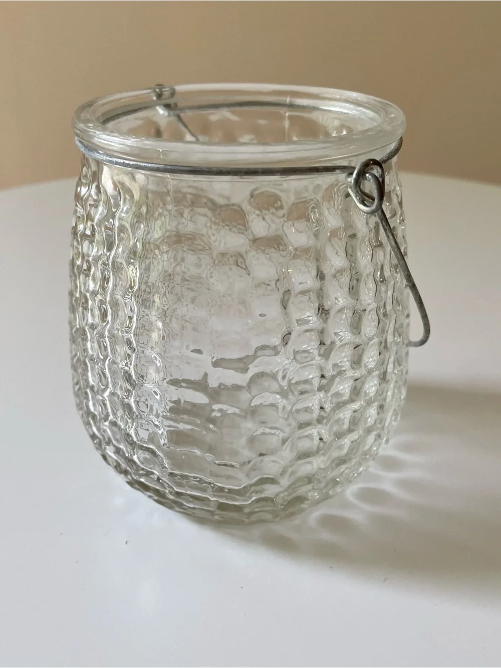 Clear Textured Glass Votive Holder Lantern with Metal Hanging Handle
